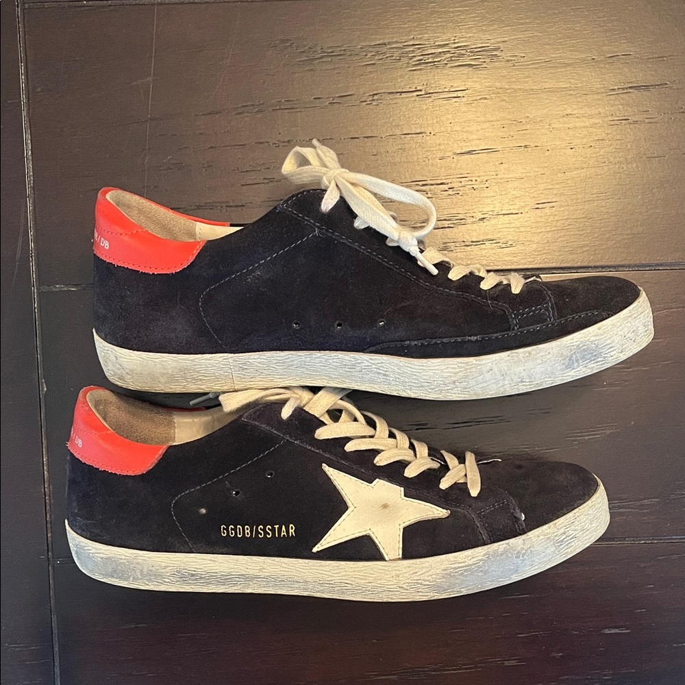 Golden Goose Navy and White Sneakers with Orange Accents - Picture 3 of 6